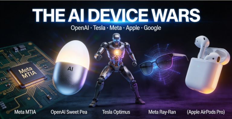 The AI Device Wars Are Here: OpenAI’s Secret Earbuds, Tesla’s Chip Factory, Meta’s Custom Silicon, and the Race to Own the AI on Your Body